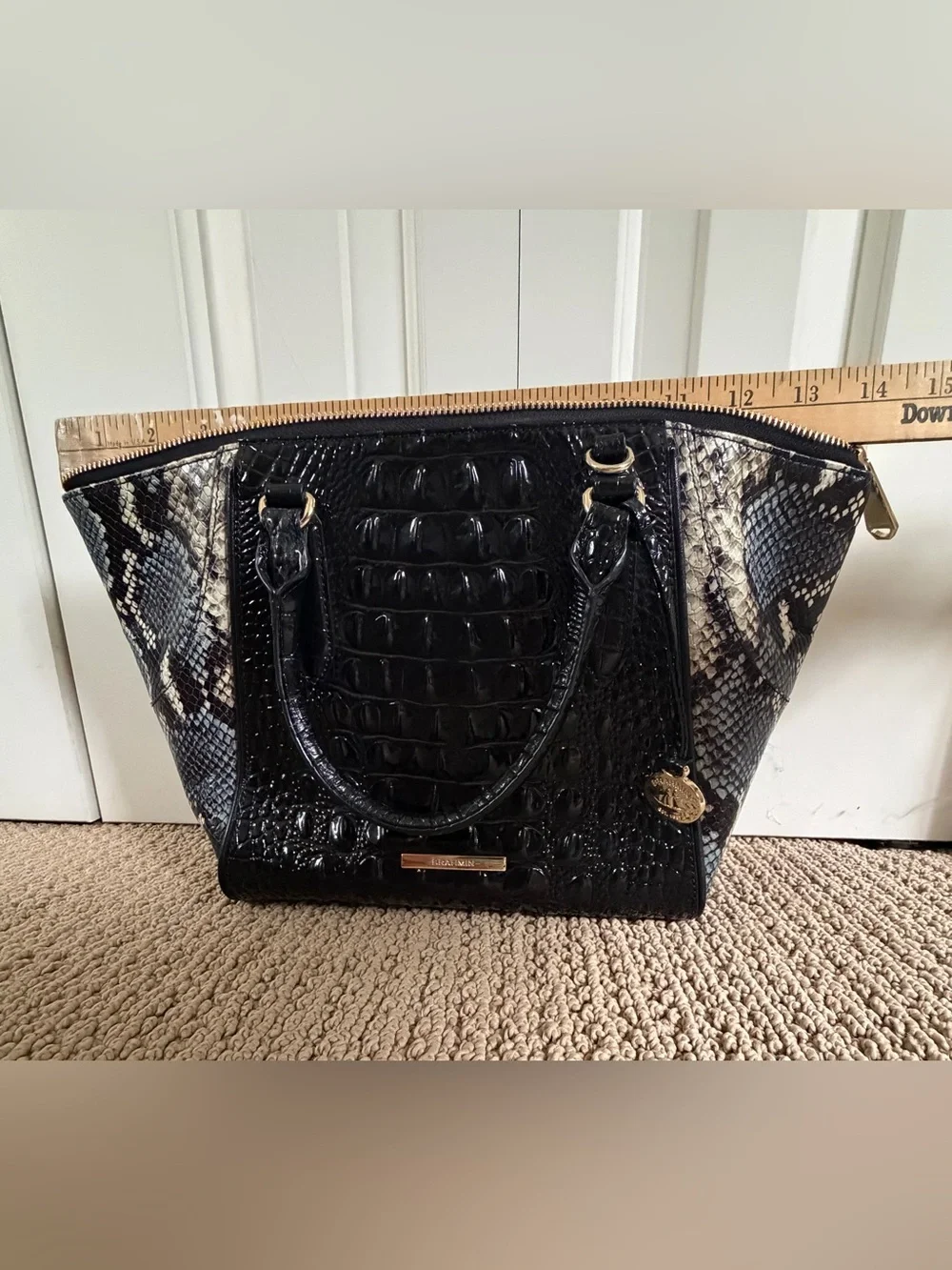 Brahmin Camila Tote Black Blue Carryall Leather Bag Purse Dust Bag Large Handbag